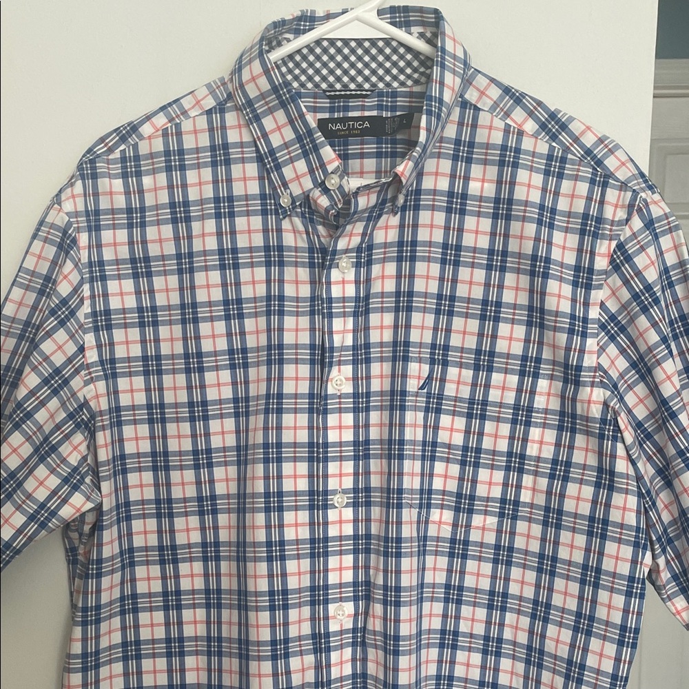 Nautica Blue, White & Red Plaid Button-Down Shirt